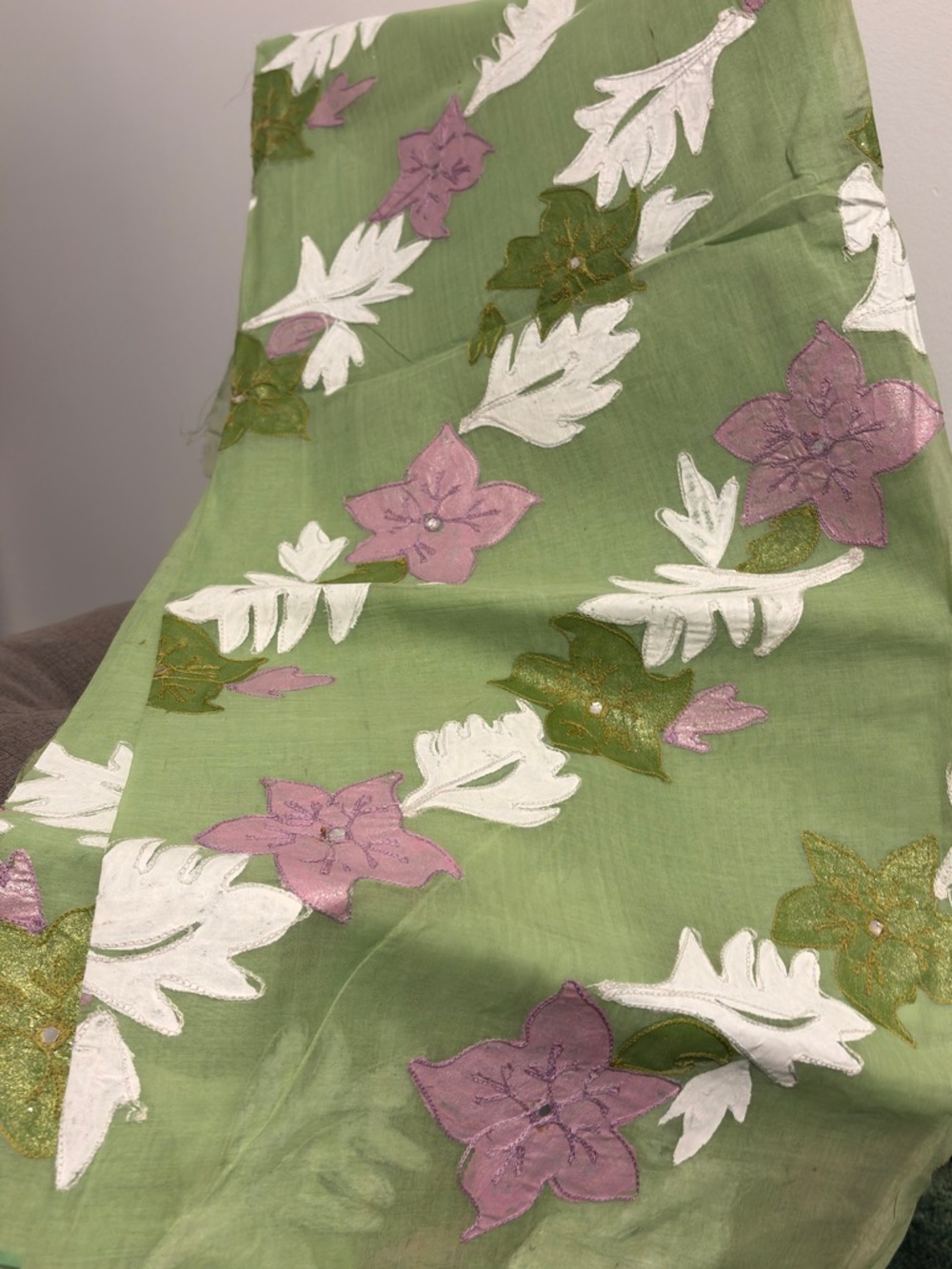 Green Floral cotton painted and Embroidered sari